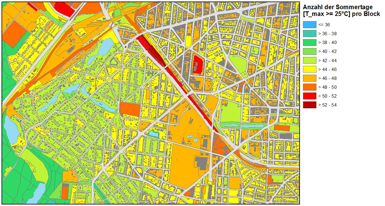 Abb. 18: Anzahl der Sommertage (Temperaturmaximum ≥ 25°C) pro Block im Durchschnitt der Jahre 2001-2010 im Übergangsbereich Forst Grunewald – City West in Charlottenburg-Wilmersdorf (Bild: Umweltatlas Berlin)