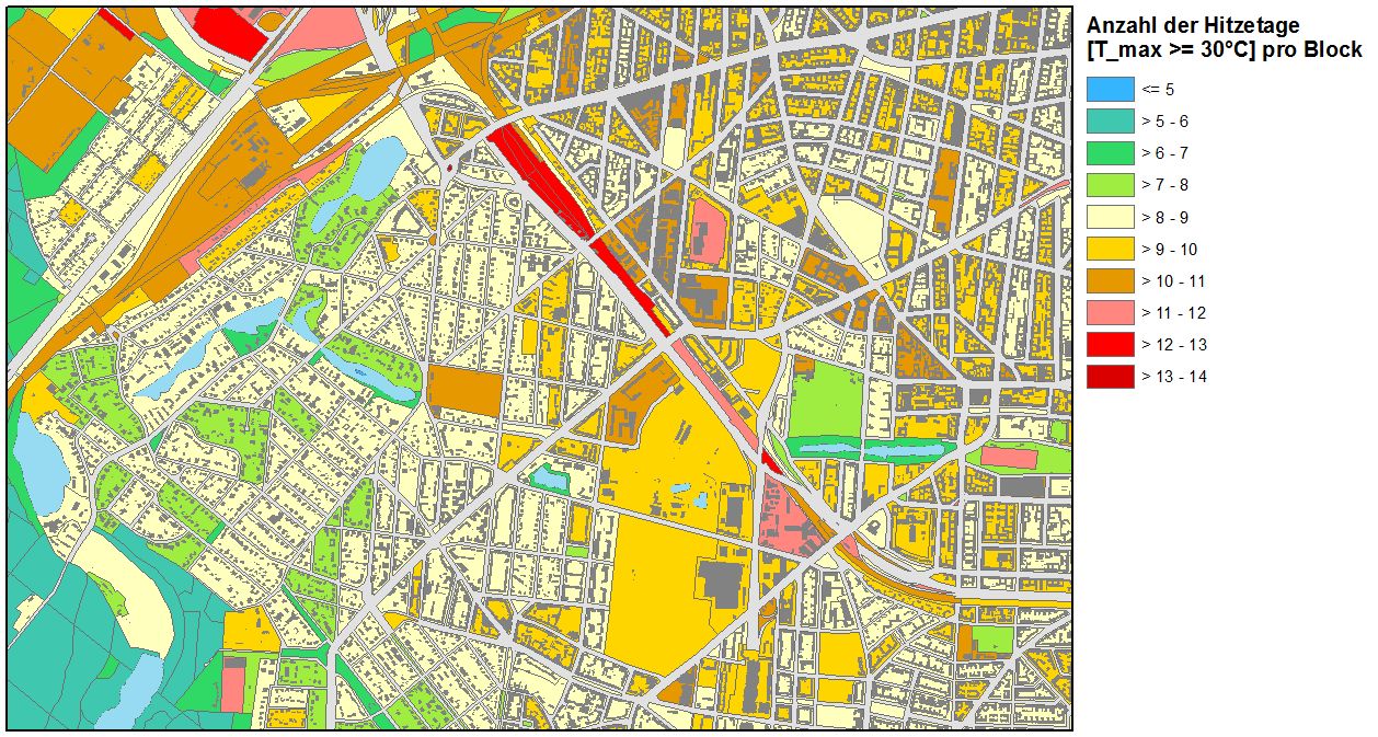 Abb. 19: Anzahl der Hitzetage (Temperaturmaximum ≥ 30°C) pro Block im Durchschnitt der Jahre 2001-2010 im Übergangsbereich Forst Grunewald – City West in Charlottenburg-Wilmersdorf (Bild: Umweltatlas Berlin)