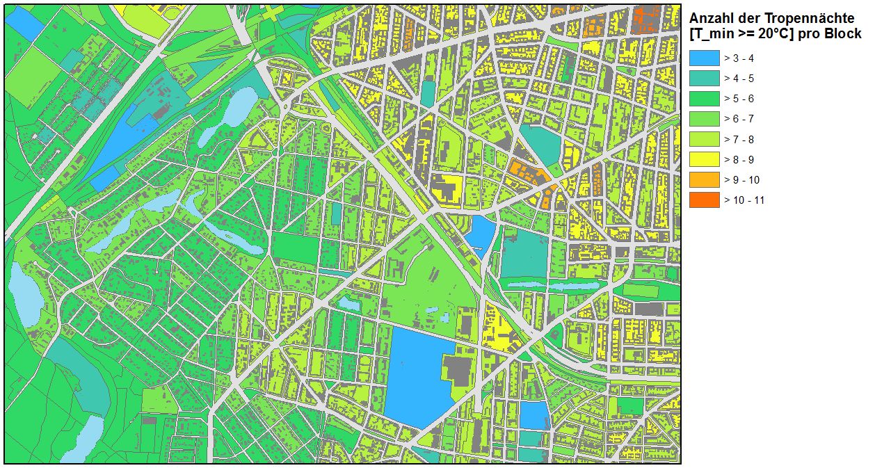 Abb. 20: Anzahl der Tropennächte (Temperaturminimum ≥ 20°C) pro Block im Durchschnitt der Jahre 2001-2010 im Übergangsbereich Forst Grunewald – City West in Charlottenburg-Wilmersdorf (Bild: Umweltatlas Berlin)