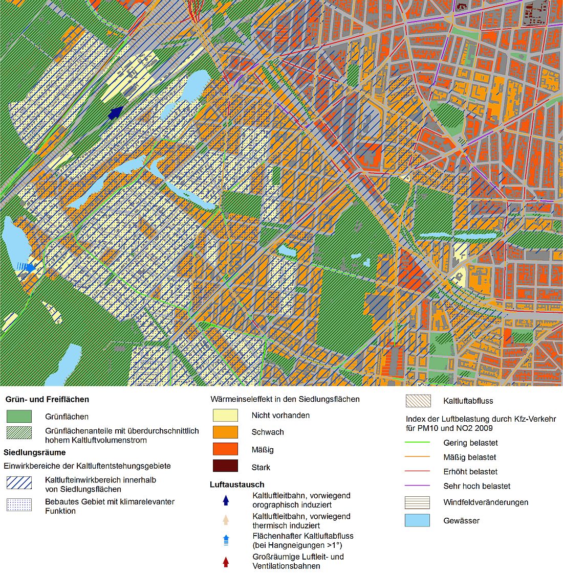 Abb. 21: Aussagen der zusammenfassenden Klimaanalysekarte im Übergangsbereich Forst Grunewald – City West in Charlottenburg-Wilmersdorf (Bild: Umweltatlas Berlin)
