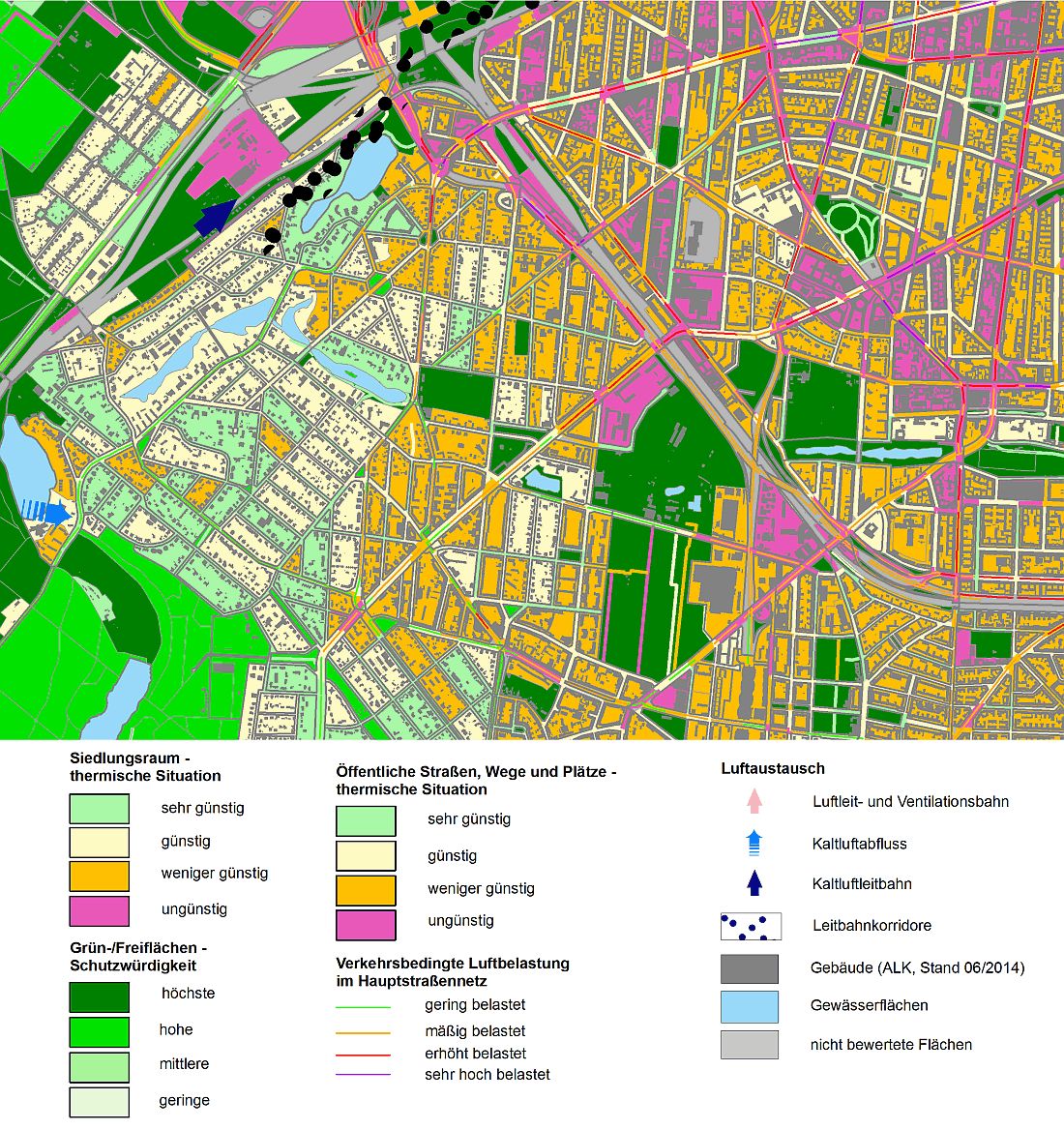 Abb. 22: Aussagen der Hauptkarte zur Planungshinweiskarte Stadtklima im Übergangsbereich Forst Grunewald – City West in Charlottenburg-Wilmersdorf (Bild: SenStadtUm 2016)