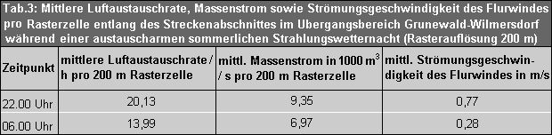 Mittlerere Luftaustauschrate, Massenstrom sowie Strömungsgeschwindigkeit des Flurwindes pro Rasterzelle entlang des Streckenabschnitts im Übergangsbereich Grunewald-Wilmersdorf während einer austauscharmen sommerlichen Strahlungswetternacht