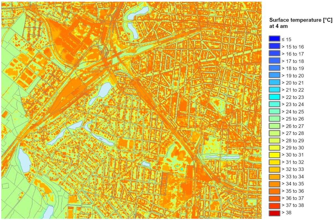 Fig. 10: Surface temperature in the transitional area between Forst Grunewald and City West (Charlottenburg-Wilmersdorf) at 2 pm on a clear summer day
