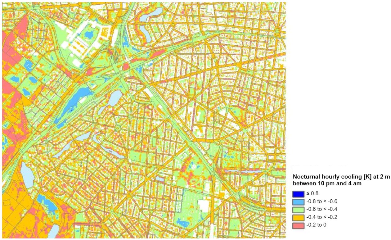 Fig. 11: Nocturnal cooling rate in the transitional area between Forst Grunewald and City West (Charlottenburg-Wilmersdorf) between 10 pm and 4 am on a clear summer night