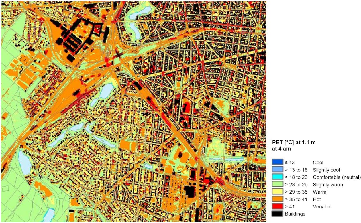 Fig. 12: PET (Physiological Equivalent Temperature) Evaluation Index in the transitional area between Forst Grunewald and City West (Charlottenburg-Wilmersdorf) at 2 pm on a clear summer day