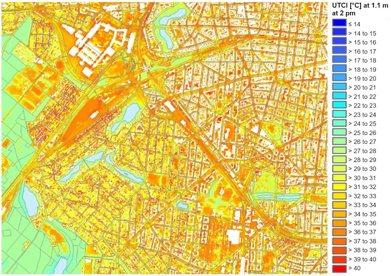 Fig. 13: UTCI (Universal Thermal Climate Index) in the transitional area between Forst Grunewald and City West (Charlottenburg-Wilmersdorf) at 14:00 on a clear summer day