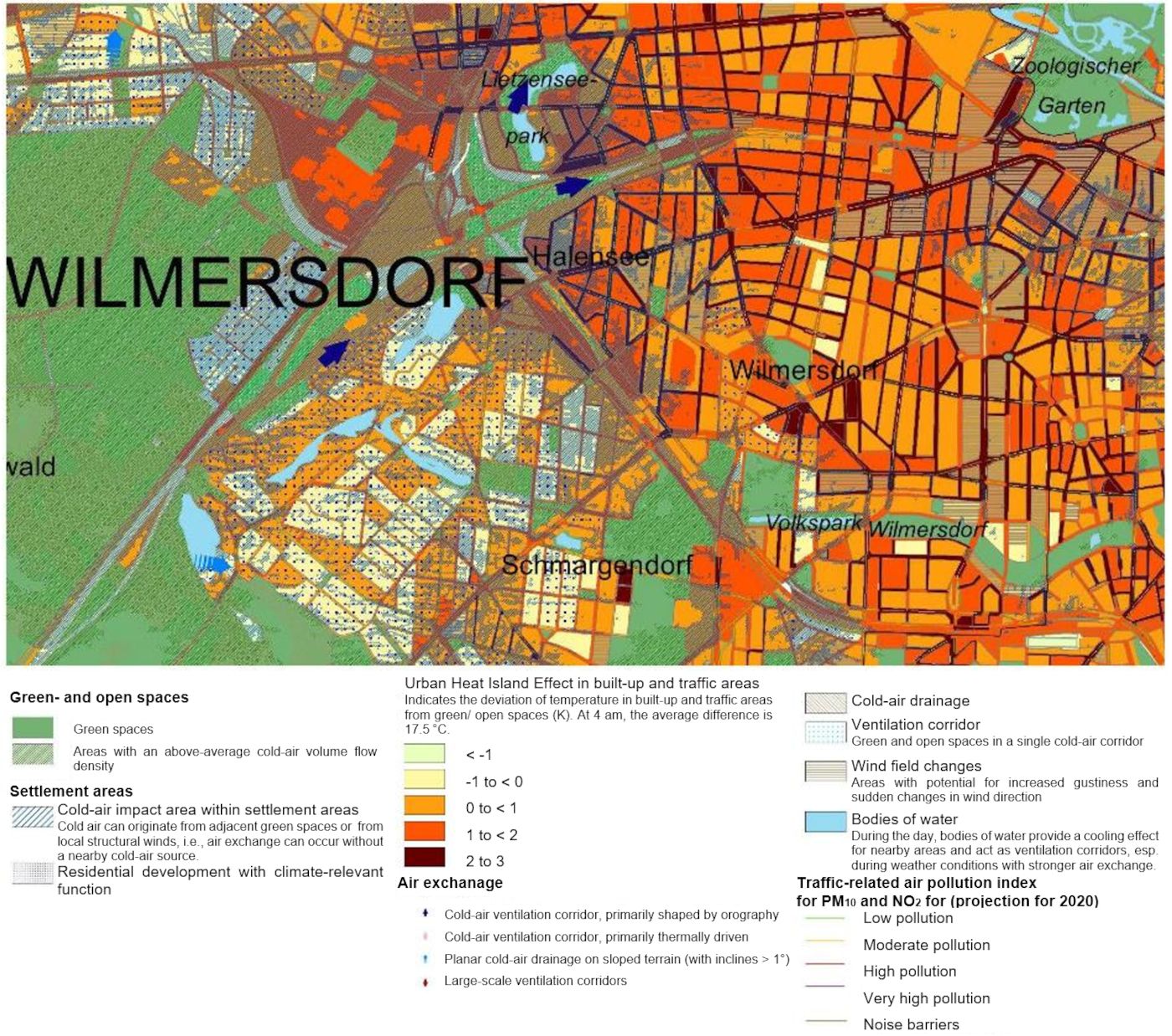 Fig. 14: Insights from the Climate Analysis Overview Map for the Transitional Area Between Forst Grunewald and City West (Charlottenburg-Wilmersdorf)