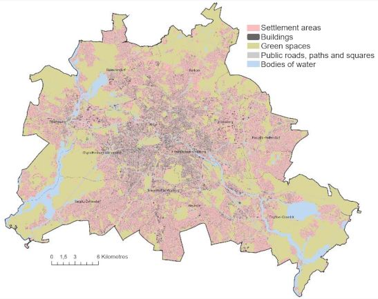 Fig. 6: Citywide distribution of the spatial units within the climate model, based on the area types from the Urban and Environmental Information System (ISU) (SenStadt 2020)
