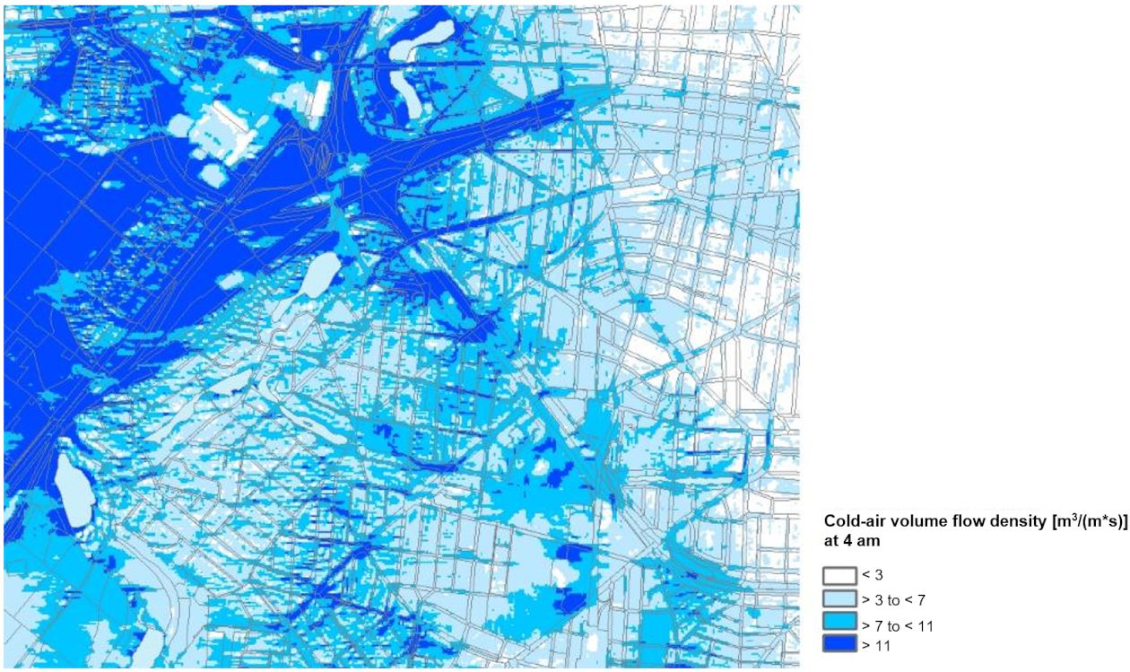 Fig. 8: Cold-air volume flow in the transitional area between Forst Grunewald and City West (Charlottenburg-Wilmersdorf) at 4 am on a clear summer night