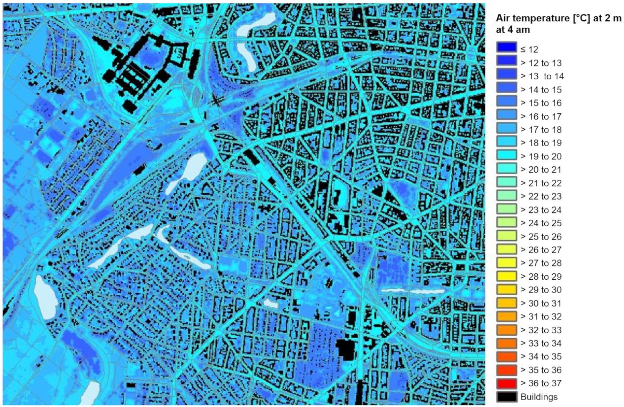 Fig. 9: Near-ground air temperature in the transitional area between Forst Grunewald and City West (Charlottenburg-Wilmersdorf) at 4 am on a clear summer night