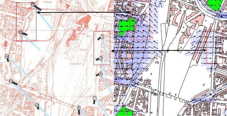 Fig. 5: Verification of the results of the climate model FITNAH (Fig. right) on the basis of stationary and mobile measurements in the area of Gleisdreieck in the left Figure, the lines emanating from the measurement points point in the direction from which the wind comes; in the right Figure, the wind arrows point in the flow direction.