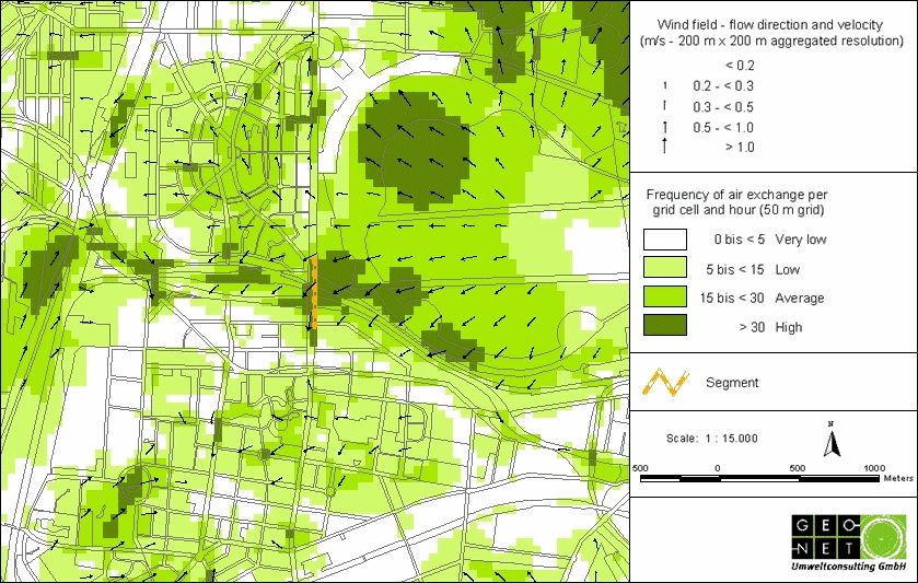 Air exchange per grid cell and autochthonous current field in the area of Tempelhof Airport during a low-exchange cloudless summer night