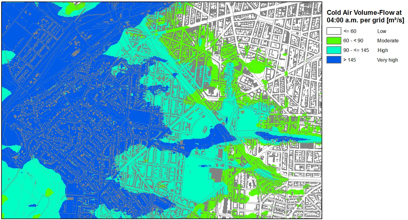 Fig. 13: Cold air volume flow at 04:00 a.m. on a sunny summer day in the transition area of Forst Grunewald - City West in Charlottenburg-Wilmersdorf (Image: Umweltatlas Berlin)