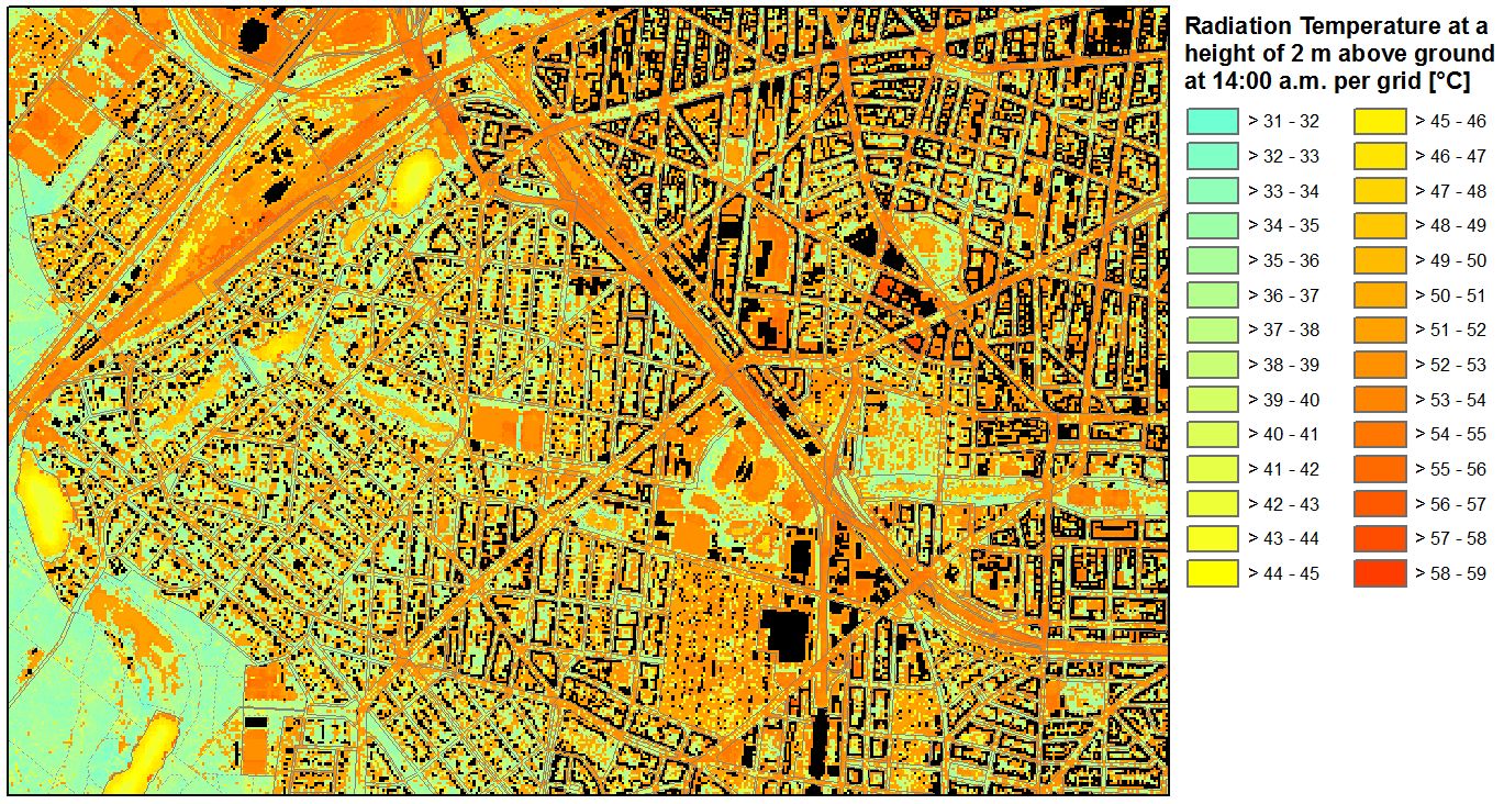Fig. 15: Radiation temperature at 14:00 a.m. on a sunny summer day in the transition area of Forst Grunewald - City West in Charlottenburg-Wilmersdorf (Image: Umweltatlas Berlin)