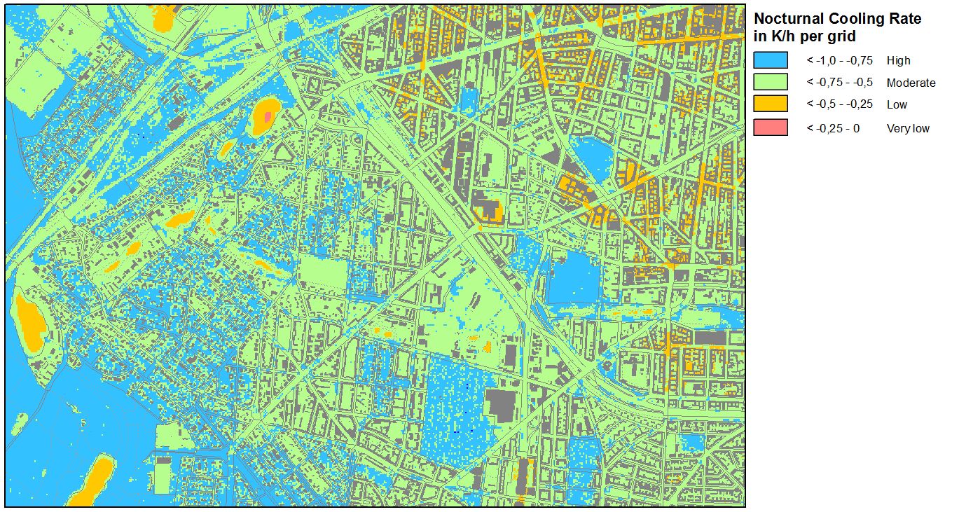 Fig. 16: Nocturnal cooling rate during the night between 10:00 p.m. and 04:00 a.m. on a sunny summer day in the transition area of Forst Grunewald - City West in Charlottenburg-Wilmersdorf (Image: Umweltatlas Berlin)