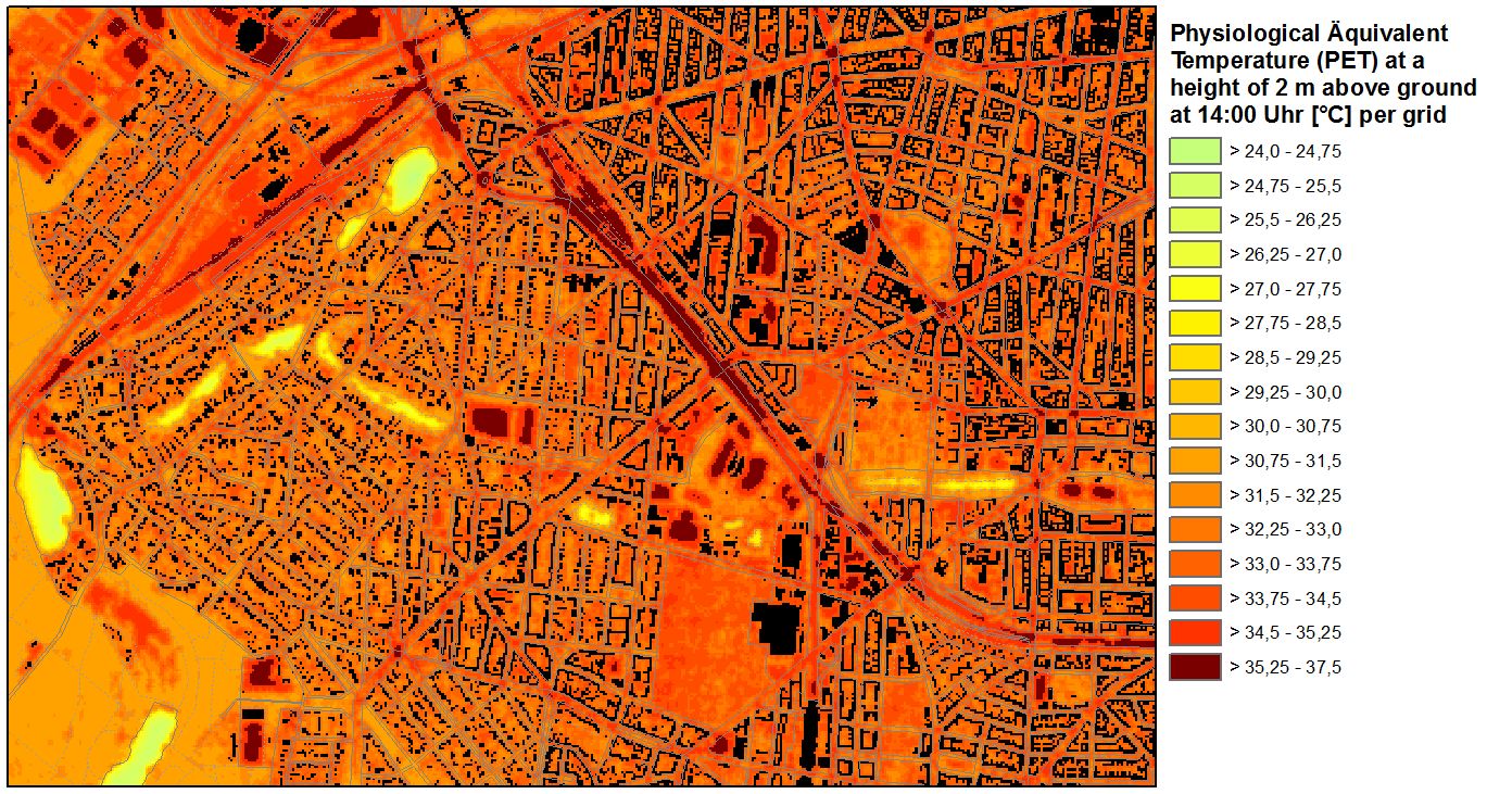 Fig. 17: Behaviour of the evaluation index PET (Physiological Equivalent Temperature) 14:00 a.m. on a sunny summer day in the transition area of Forst Grunewald - City West in Charlottenburg-Wilmersdorf y (Image: Umweltatlas Berlin)