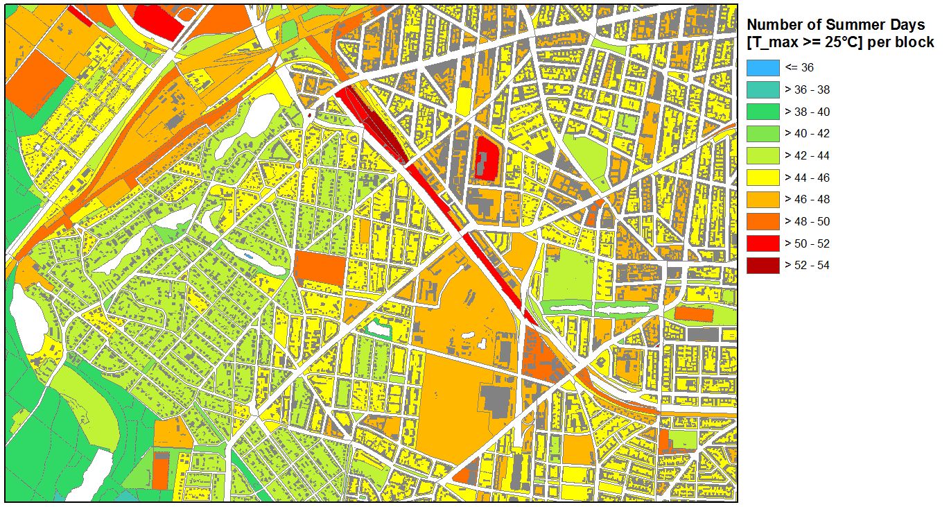 Fig. 18: Number of Summer Days (maximum temperature ≥ 25°C) per block on an average in the years 2001-2010 in the transition area of Forst Grunewald – City West in Charlottenburg-Wilmersdorf (Image: Umweltatlas Berlin)