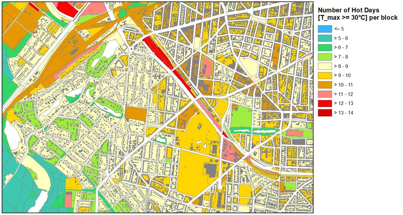 Fig. 19: Number of Hot Days (maximum temperature ≥ 30°C) per block on an average in the years 2001-2010 in the transition area of Forst Grunewald – City West in Charlottenburg-Wilmersdorf (Image: Umweltatlas Berlin)