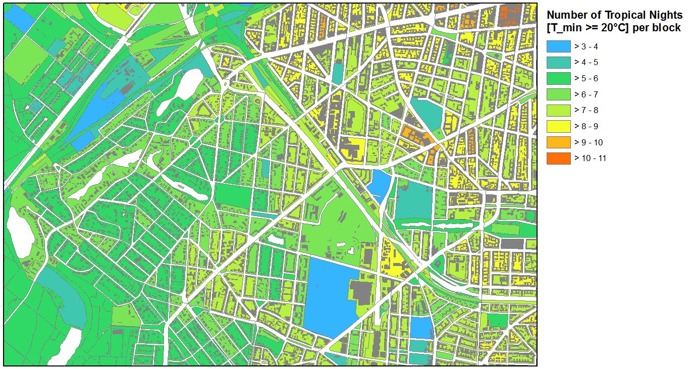 Fig. 20: Number of Tropical Nights (minimum temperature ≥ 20°C) per block on an average in the years 2001-2010 in the transition area of Forst Grunewald – City West in Charlottenburg-Wilmersdorf (Image: Umweltatlas Berlin)
