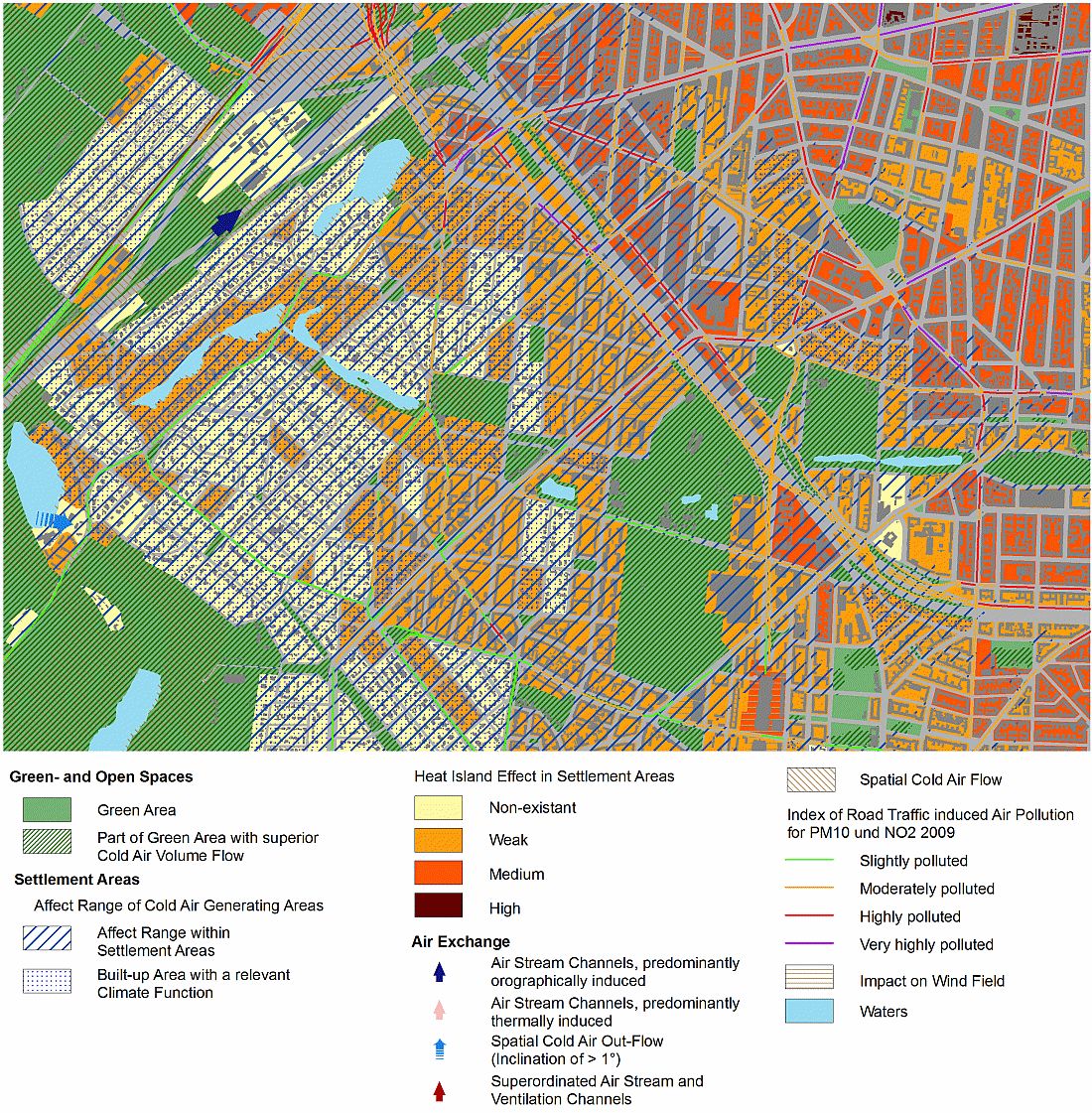Fig. 21: Statements of the summarised climate analysis map in the transition area of Forst Grunewald - City West in Charlottenburg-Wilmersdorf (Image: Umweltatlas Berlin)