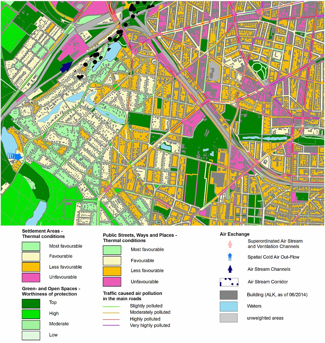Fig. 22: Statements of the main map for planning advice for urban climate in the transition area of Forst Grunewald - City West in Charlottenburg-Wilmersdorf (Image: Umweltatlas Berlin)