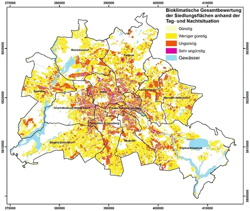 Abbildung 2: Räumliche Verteilung der Bewertungsklassen zur thermischen Gesamtsituation in der Siedlungsfläche (Verknüpfung von Tag- und Nachtsituation) Berlins
