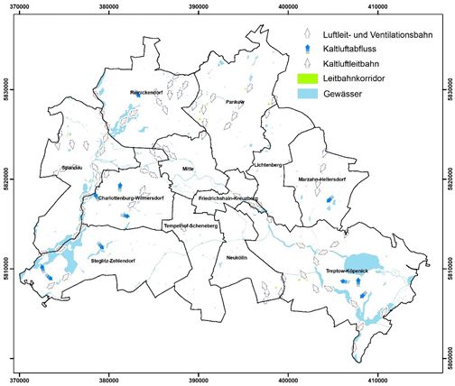 Abbildung 7: Kernzonen der Kaltluftleitbahnen („Leitbahnkorridore“) in Berlin