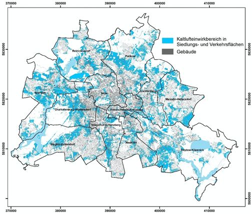 Abbildung 8: Kaltlufteinwirkungsbereich der Komponenten des Berliner Luftaustauschsystems bei autochthonen Wetterlagen