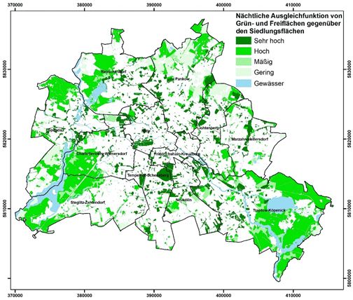 Abbildung 11: Räumliche Verteilung der Bewertungsklassen zur klimaökologischen Schutzwürdigkeit der Grün- und Freiflächen in Berlin