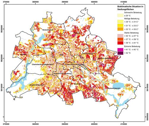 Abbildung 13: Räumliche Verteilung der Bewertungsklassen zur bioklimatischen Situation von Siedlungsflächen in Berlin (Tagsituation)