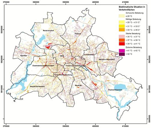 Abbildung 15: Räumliche Verteilung der Bewertungsklassen zur bioklimatischen Situation von Verkehrsflächen in Berlin (Tagsituation)
