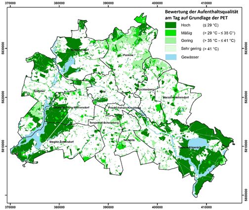 Abbildung 17: Räumliche Verteilung der Bewertungsklassen zur bioklimatischen Situation von Frei- und Grünflächen in Berlin (Tagsituation)