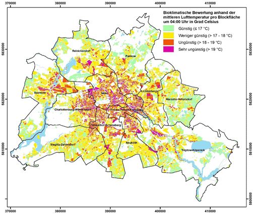 Abbildung 18: Räumliche Verteilung der Bewertungsklassen zur bioklimatischen Situation von Siedlungsflächen in Berlin (Nachtsituation)