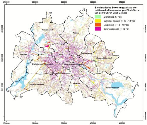 Abbildung 19: Räumliche Verteilung der Bewertungsklassen zur bioklimatischen Situation von Verkehrsflächen in Berlin (Nachtsituation)