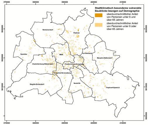 Abbildung 25: Demographische Vulnerabilität gegenüber der thermischen Belastung – Räumliche Analyse auf Ebene der Block(teil)flächen in Berlin