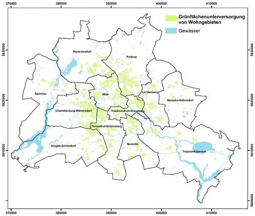 Abbildung 30: Räumliche Darstellung von Flächen mit einer besonderen Vulnerabilität gegenüber dem Stadtklima aufgrund einer Grünflächenunterversorgung in Berlin