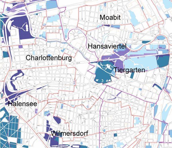 Abb. 7: Potenziell durch verkehrsbedingte Schadstoffe (hier: NO2, lila schraffiert) überlagerte Bereiche in klimawirksamen Grünflächen