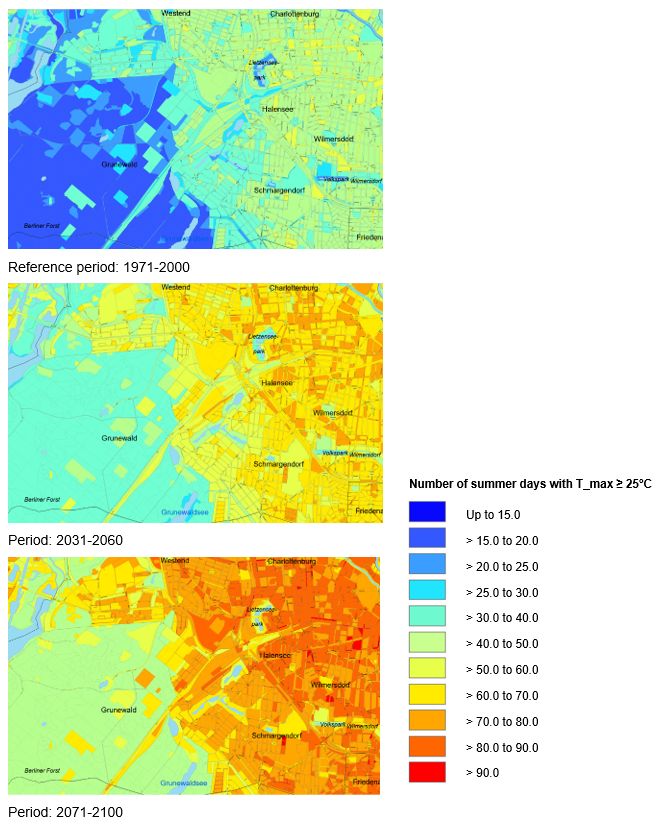 Fig. 2: Annual number of summer days for the reference period from 1971 to 2000 and the future periods from 2031 to 2060 and 2071 to 2100, based on RCP8.5 scenario projections, covering the area between Grunewald and Charlottenburg/ City West.
