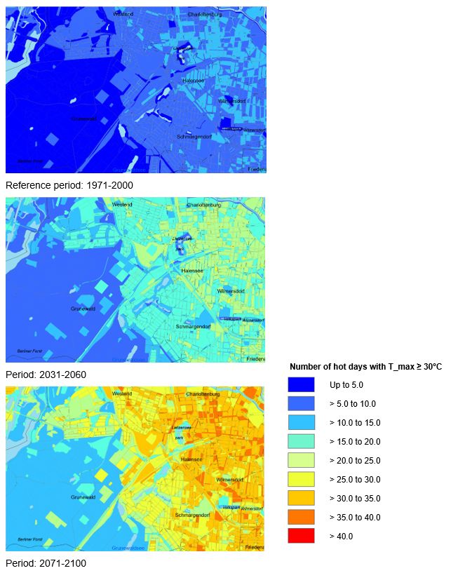 Fig. 3: Annual number of hot days for the reference period from 1971 to 2000 and the future periods from 2031 to 2060 and 2071 to 2100, based on RCP8.5 scenario projections, covering the area between Grunewald and Charlottenburg/ City West.