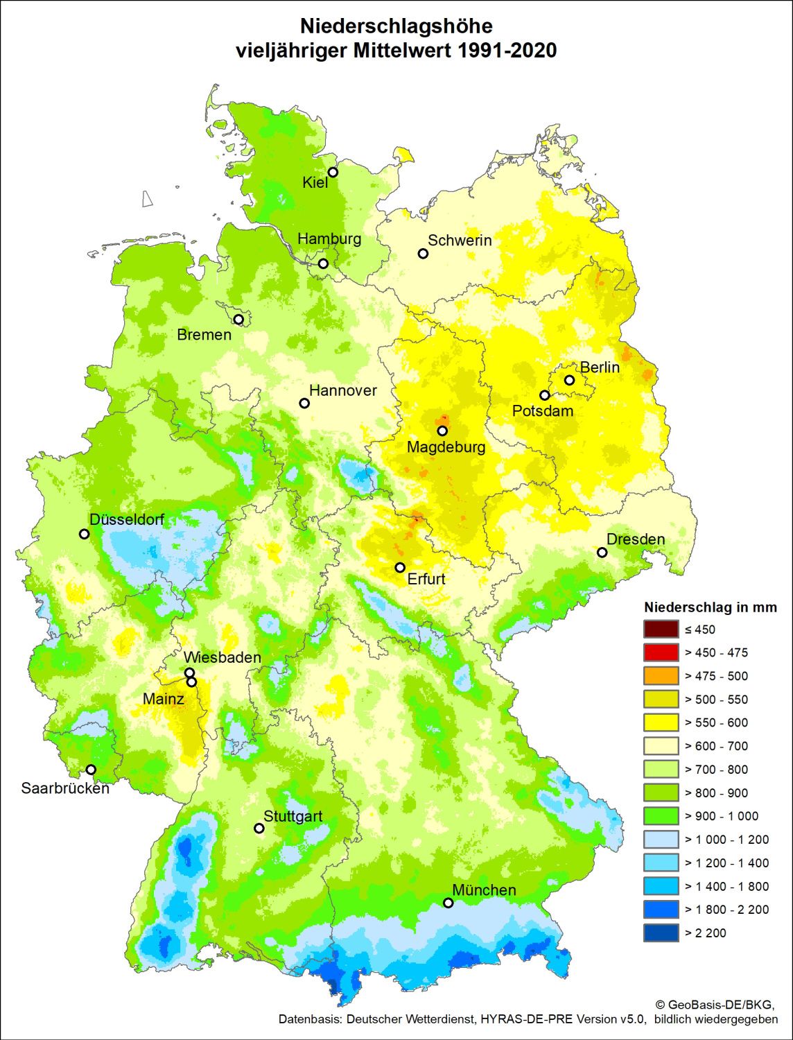 Abb. 1: Verteilung der Niederschlagshöhe im Jahr in Deutschland - vieljähriger Mittelwert 1991-2020 (Bild: GeoBasis-DE/BKG, Datenbasis: Deutscher Wetterdienst, HYRAS-DE-PRE Version v5.0, bildlich wiedergegeben)