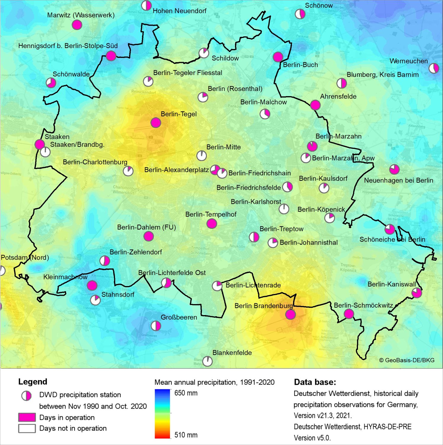 Fig. 2: Active precipitation stations of the DWD in the period between November 1990 and October 2020 (Image: ProAqua using DWD Climate Data Center (CDC): Historical daily station observations for Germany, Version v21.3, 2021 and DWD 2022b)