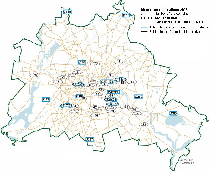 Fig. 5: Locations of the automatic container measurement stations of the BLUME measurement network, as well as the small RUBIS measurement points, 2005