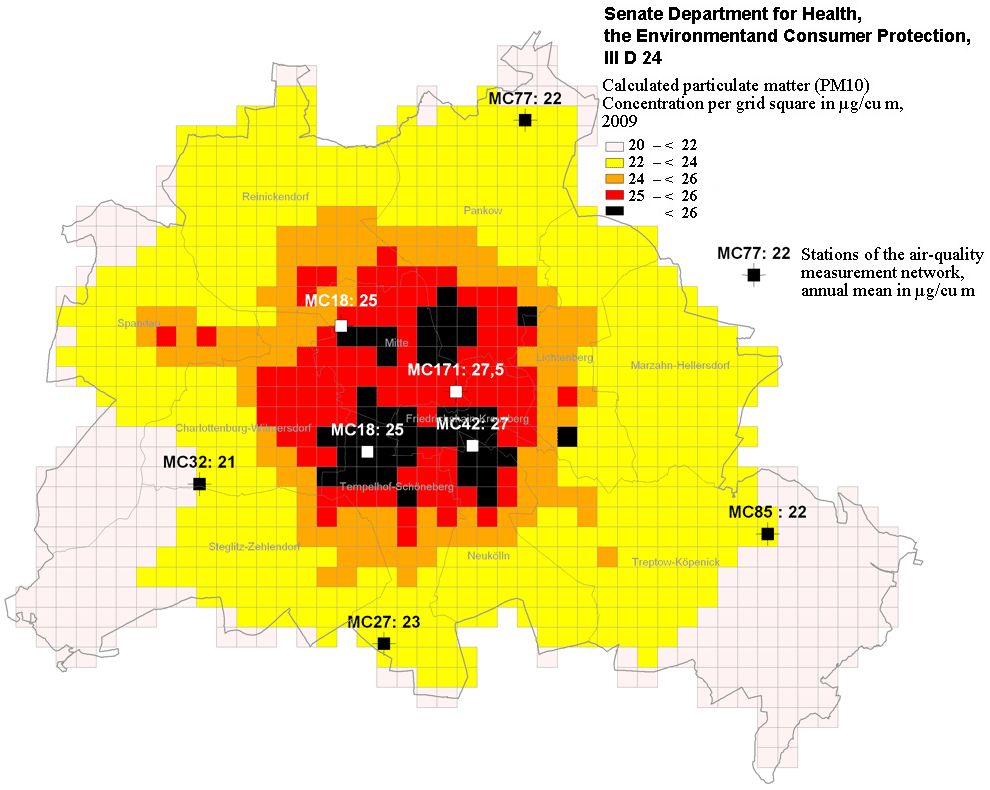 Fig. 14: PM10 pollution (annual mean) in the Berlin municipal background, calculated with IMMISnet and measured at BLUME measurement stations for the base year 2009 (Image: SenGesUmV undated)