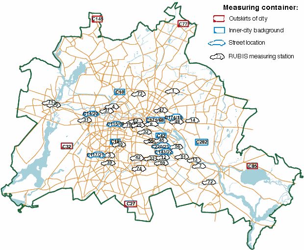 Fig. 5: Location of the active and passive collection devices for the collection of weekly samples of benzene, PM10 and nitrogen dioxide, as well as the automatic container measuring locations
