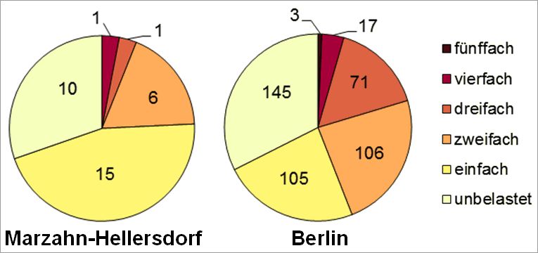 Abb. 28: Mehrfachbelastung im Bezirk Marzahn-Hellersdorf durch die Kernindikatoren Lärm, Luftbelastung, Grünversorgung, thermische Belastung sowie Status-Index (Soziale Problematik) nach Planungsräumen