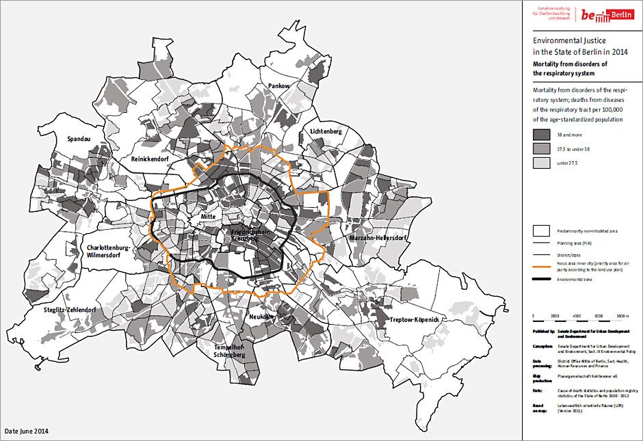 Fig. 6: Distribution of mortality from disorders of the respiratory system 2006-2012 at the level of the planning areas in Berlin (Image: Statistical Office for Berlin-Brandenburg, Borough Office Mitte of Berlin, Health Department 2015)