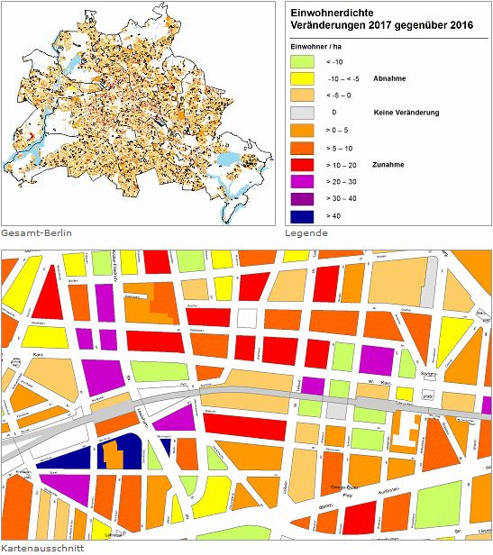 Abb. 3: Veränderungskartierung der Einwohnerdichte zwischen 2016 und 2017 (das Ergebnis steht auch als PDF-Dokument (5,2 MB) zur Verfügung).
