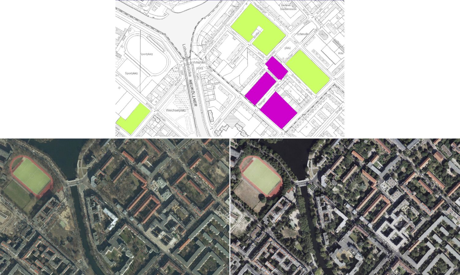 Abb. 4: Zunahme der Einwohnerdichte (Ew/ha) um mehr als 340 Personen zwischen 2019 und 2020 durch Neubaumaßnahmen an der Bouchéstraße (Bild: Quelle der Luftbilder: Geoportal Berlin )