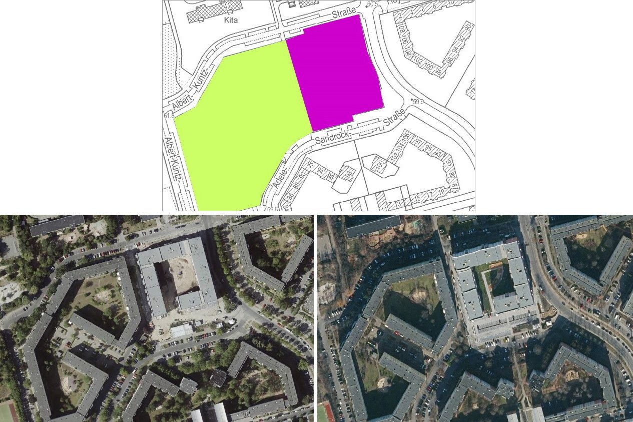 Abb. 4: Zunahme der Einwohnerdichte (Ew/ha) um mehr als 340 Personen zwischen 2020 und 2021 durch Neubaumaßnahmen an der Albert-Kuntz-Str. (Bild: Quelle der Luftbilder: Geoportal Berlin)