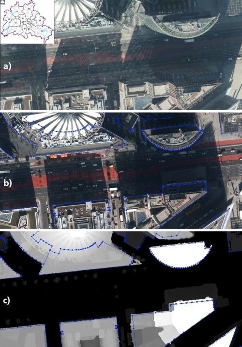 Abb. 6: Vergleich von DOP und TOM: a) DOP 20RGB 2011 mit verkippten Gebäudeobjekten, b) TOM RGB überlagert mit ALK Gebäudekonturen, Gebäudekanten lagegetreu korrigiert, c) nDOM überlagert mit ALK Gebäudekonturen